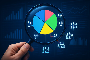 Market Segmentation Analysis with Magnifying Glass and Pie Chart