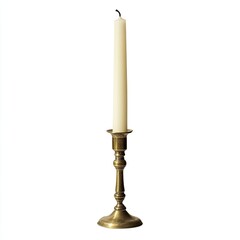 A long, white candle in an antique brass stand, isolated on a white background.
