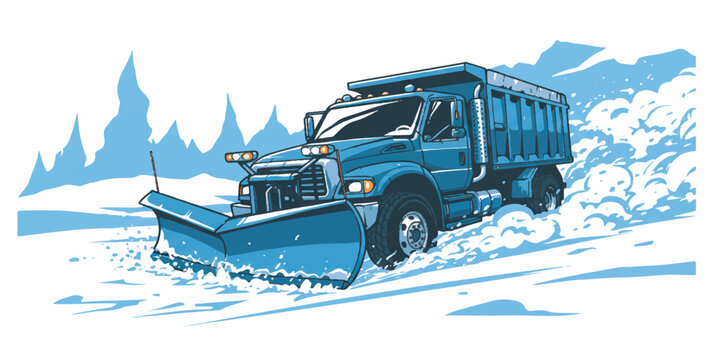 High-quality vector illustration of a snow plow truck clearing snow in a cold winter setting