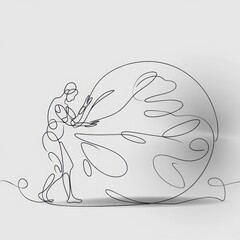 One-line drawing of a figure carrying a large, flowing object.