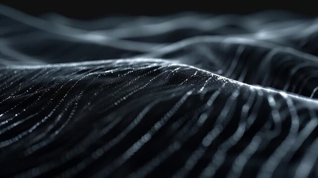 A vibrant digital landscape of undulating waves composed of glowing black and sliver particles.