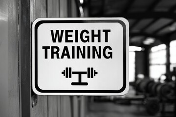 Sign indicating weight training area in a gym with equipment visible in the background