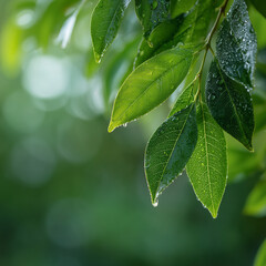 Green leaves with water droplets against blurred natural background.