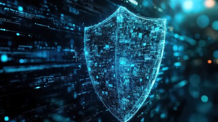 Digital shield with glowing circuitry and data streams representing cybersecurity protection concept
