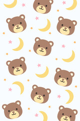 Cute teddy bear, crescent moon, and star pattern on a soft off-white background.