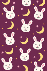 Whimsical rabbits with moons and stars on a rich dark pink background.