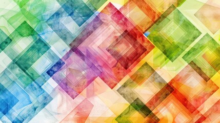 Colorful overlapping squares in varying shades of teal, pink, red, green, yellow, and orange