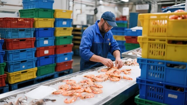 Staff processing seafood (such as shrimp) in a factory, combined with catering elements, showcasing seafood processing and catering services.