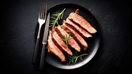 Juicy sliced beef steak on a black plate, showcasing gourmet dining and culinary excellence