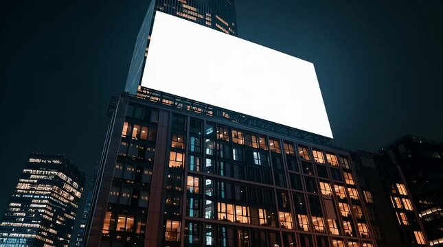 Large blank outdoor billboard on a modern building at night, perfect for urban advertising.

