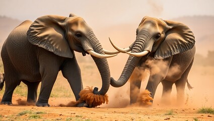 Two elephants facing each other with intertwined trunks in a dusty landscape on a sunny day