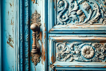 A close-up of an intricately designed antique door painted in a distressed blue color. The door features a bronze handle with elaborate designs and wooden panels adorned with detailed carvings