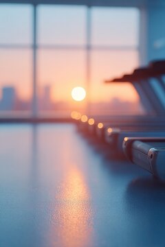 drone-shot of gym rowing machines empty at sunrise polished floor reflects light