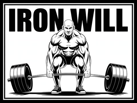 Powerful Black and White Illustration: Muscular Man Deadlifting Heavy Weight, Motivational Fitness Poster Design.