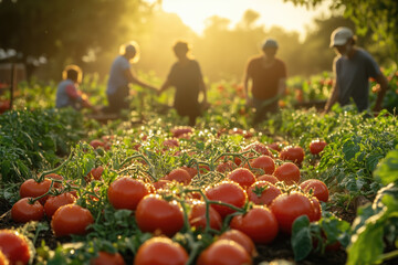Harvesting fresh tomatoes in community garden