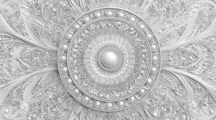 This image features an intricate white fractal pattern with a circular and symmetrical design, showcasing detailed and ornate geometric elements.