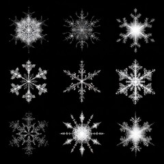 A collection of various detailed snowflake designs displayed on a black background, showcasing different snowflake shapes and patterns.