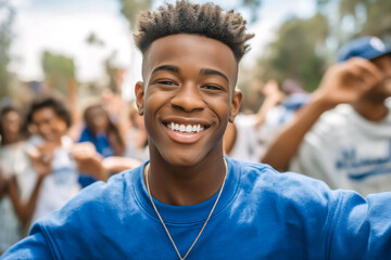 Fototapeta premium Young man with bright smile looking at camera amidst joyful group at outdoor gathering. Vibrant greenery in park setting. Concept of friendship, celebration, community engagement