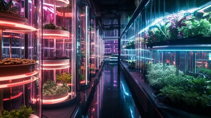 This image captures a futuristic indoor garden illuminated by neon lights. Rows of vibrant plants thrive in a high-tech environment. A glimpse into sustainable urban farming. Generative AI
