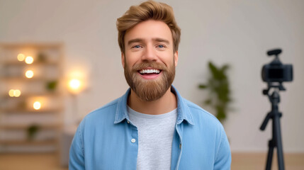 Man with beard smiling at camera in well-lit room with soft decor and video equipment in background. Concept of content creation, social media, digital marketing
