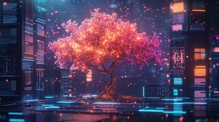 A vibrant tree with pink leaves stands amidst a futuristic cityscape with glowing neon lights
