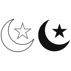Crescent moon and star icons, one outlined,silhouette solid black. Islamic symbol vector for religion, culture, festivals, or design elements.