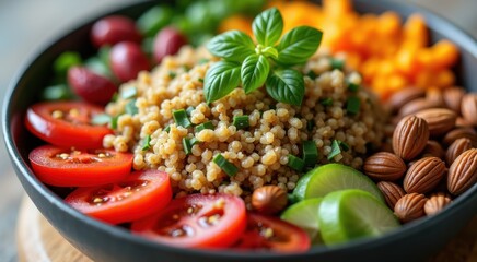 Bowl of plant based protein bowl colorful vegetables nuts seeds quinoa