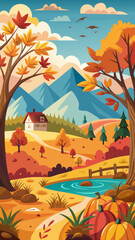 Charming autumn landscape with a cozy house colorful trees pumpkins and mountains