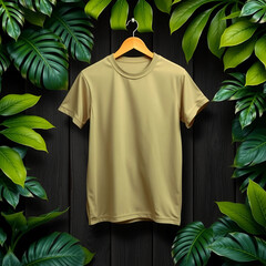 Khaki T Shirt Mockup Hanging on Wooden Hanger Surrounded by Green Tropical Leaves Against Dark Wood Background for Fashion or Branding