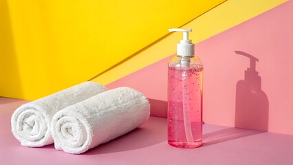 Pink Hand Sanitizer Bottle and White Towels on a Colorful Background