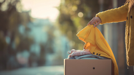 Young woman donating clothes to a charity box, sunny day, urban background, symbolic act of giving, kindness and compassion theme, bokeh background, realistic style, emotional tone