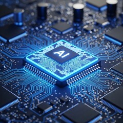 Futuristic AI Processor Chip Glowing on a High-Tech Motherboard in Dark Lab Setting