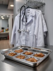 Medical tray with fried chicken pieces in a clinical kitchen setting, white lab coat and stethoscope in the background