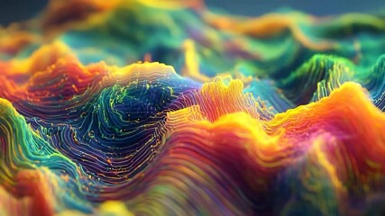 Vibrant abstract waves of colorful lines representing sound or data visualization in a digital landscape - Powered by Adobe