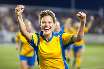 Woman celebrating with raised arms after scoring a goal in soccer match. Nighttime stadium illuminated with cheering crowd in background. Concept of sports, teamwork, competition