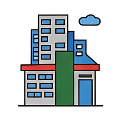 Fototapeta premium A stylized illustration of city buildings, featuring apartment blocks and a smaller commercial structure.