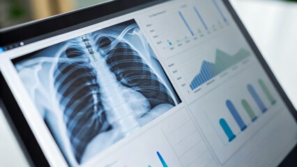 Healthcare risk assessment shown on computer screen with chest x ray and data charts for medical analysis