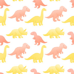 A seamless pattern featuring colorful cartoon dinosaurs. Includes a triceratops, brachiosaurus, and T-rex in shades of pink and yellow on a white background. Vector illustration