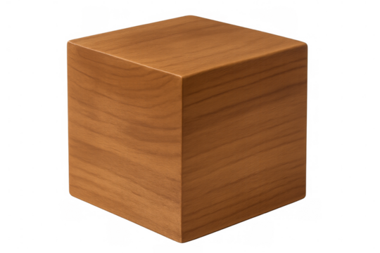 Wooden light brown cube resting against transparent backdrop, representing minimalist design and simplistic graphic concepts