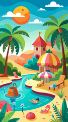 Vibrant tropical paradise with a winding river palm trees beach chairs and a small castle under a bright sun