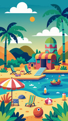 Obraz premium Vibrant tropical beach resort scene with palm trees swimming pool and beach chairs under a sunny sky