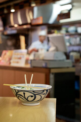 close up of a bowl of ramen in restaurant