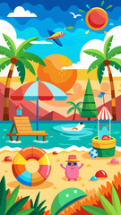 Obraz premium Vibrant cartoon illustration of a tropical beach scene with palm trees sun ocean and playful characters