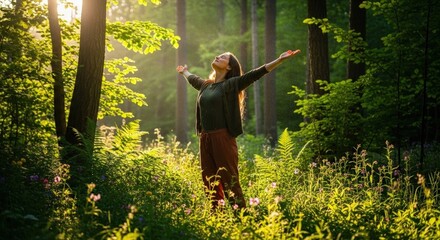 Woman enjoying nature in a sunlit forest clearing.