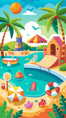 Obraz premium Vibrant cartoon illustration of a tropical resort with a swimming pool palm trees and beach elements