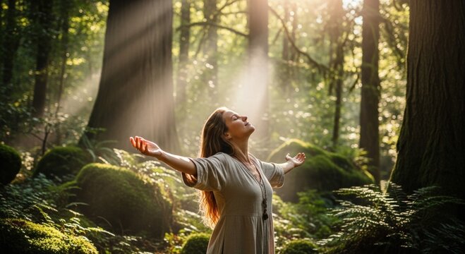 Serene woman enjoying nature in sunlit forest. - Powered by Adobe
