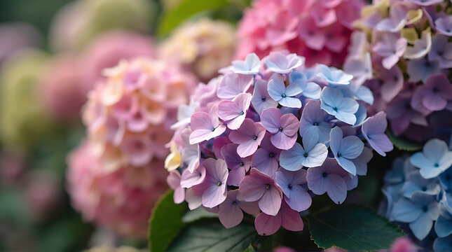 Close-up shot capturing vibrant hydrangea blossoms in full bloom revealing delicate petals