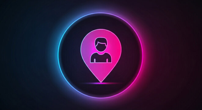 Glowing neon location pin with person icon inside isolated on black background