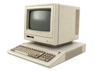 A vintage computer with a monitor and keyboard in a beige color scheme on a black background view