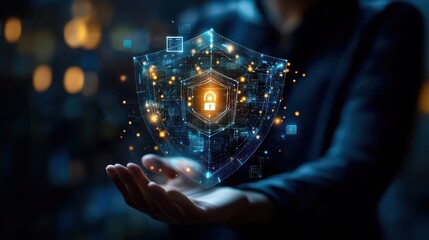 A person holding a digital shield with a padlock in the center representing data protection and security